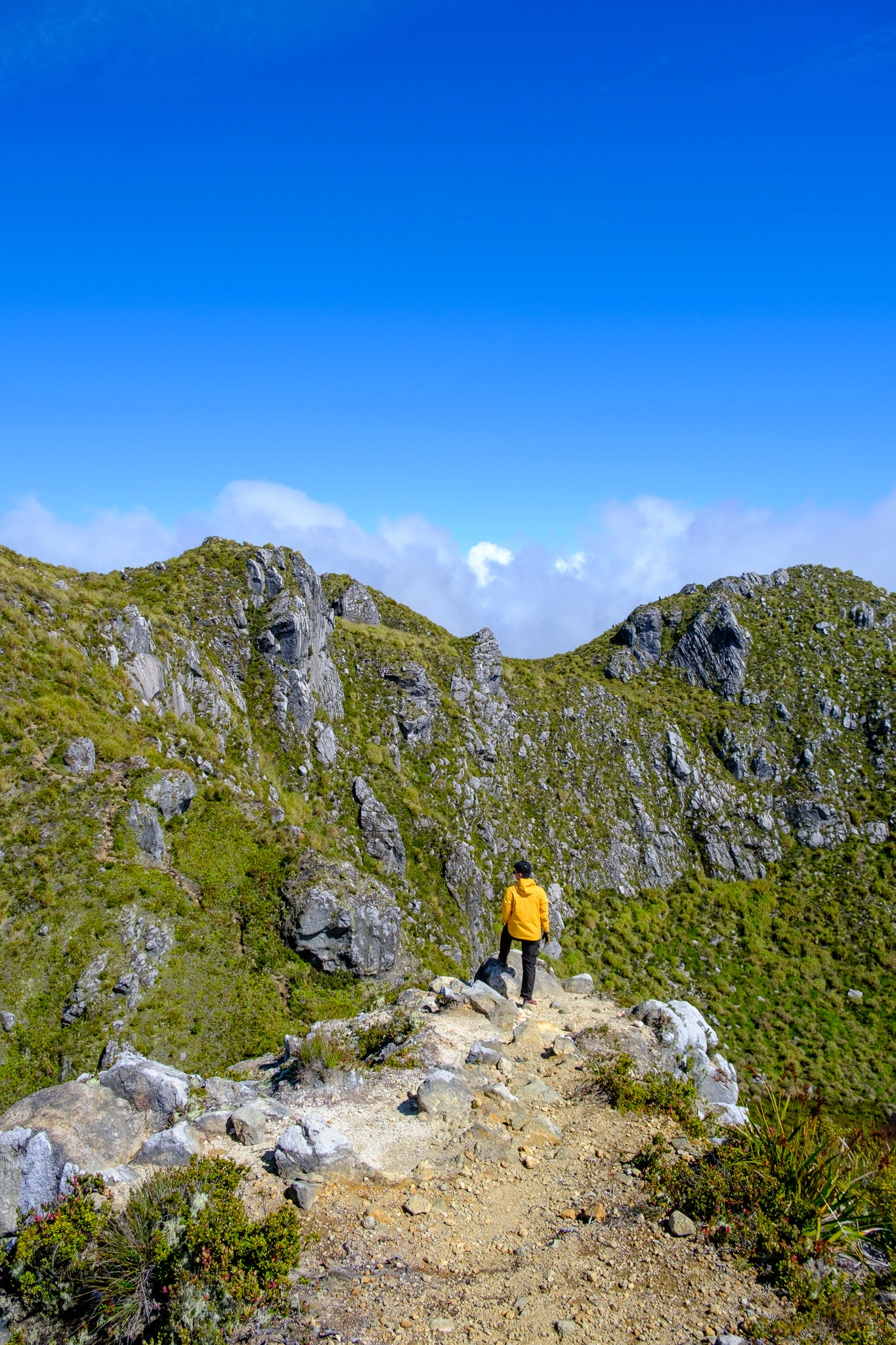 A hiker standing near the Mt. Apo summit with the crater lake as its background